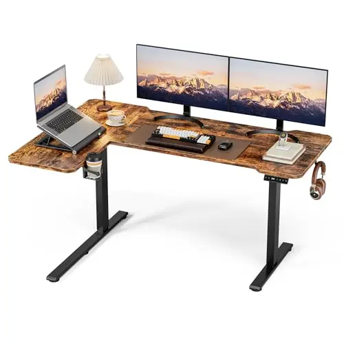 Acrolix L-shaped electric standing desk with rustic brown finish