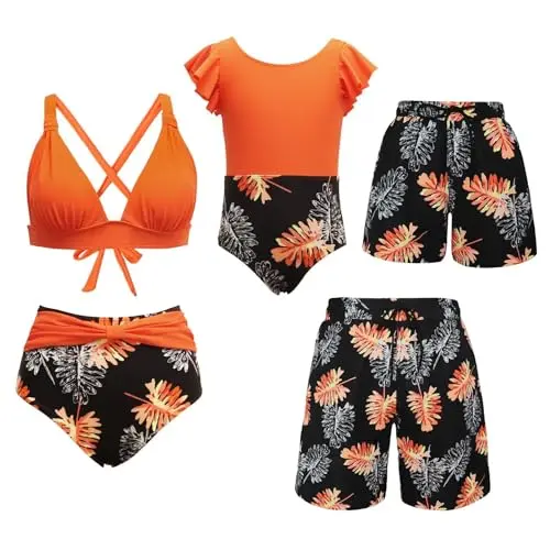 Matching Family orange ruffle bikini set and swim trunks for couples