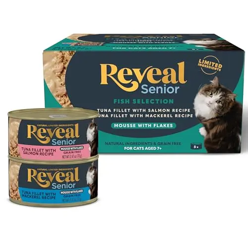 Reveal Natural Wet Senior Cat Food flakes in mousse