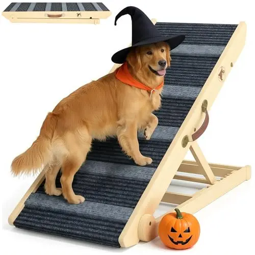 REONEY adjustable wooden dog ramp with foldable design