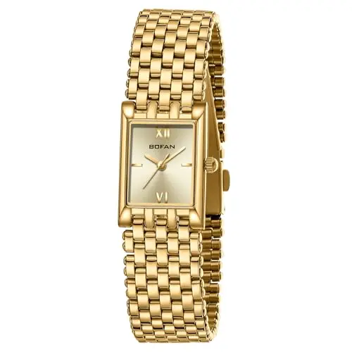 BOFAN gold rectangular watch with stainless steel bracelet and square dial