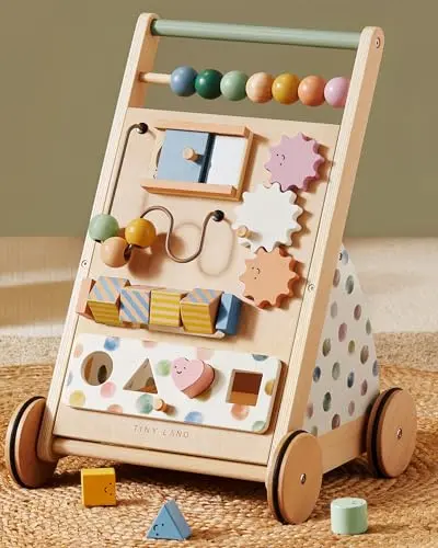 Tiny Land wooden baby walker with adjustable speed, mirror, and gears in morandi color