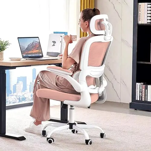 TRALT ergonomic office chair with mesh back and adjustable lumbar support in pink