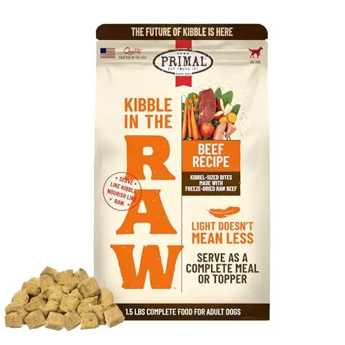 Primal Kibble in The Raw freeze dried dog food bag with beef formula