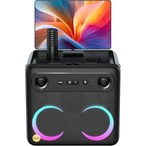 Ikarao Break X2 karaoke machine with built-in 10.1-inch screen and wireless microphones