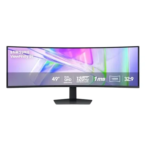 Samsung 49-inch business curved ultrawide monitor spanning entire desk workspace