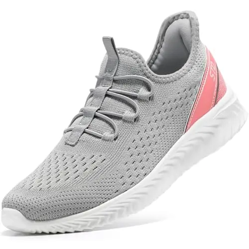 STQ women's mesh slip-on orthopedic walking shoes in light grey pink