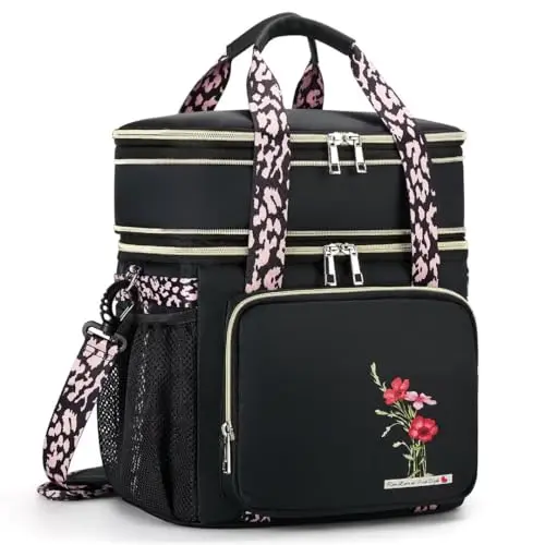 HSHRICH black floral insulated lunch box with dual compartments and shoulder strap