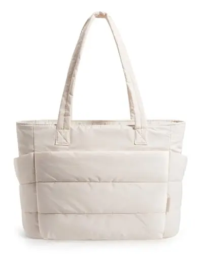 BAGSMART puffy tote bag for women in beige with quilted design