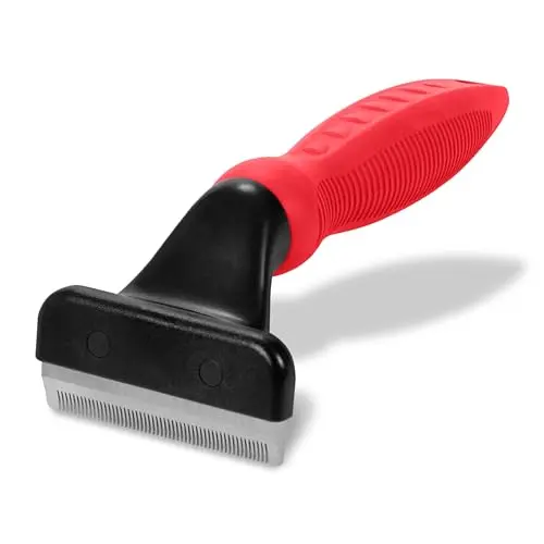 RYAN'S PET SUPPLIES deshedding tool with red handle and removable safety guard