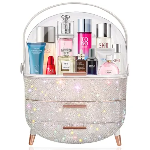 Pearl white egg-shaped makeup organizer with drawers and handle