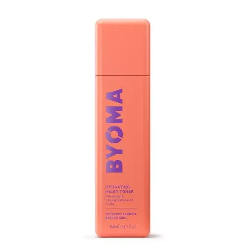 BYOMA Hydrating Milky Toner in clear bottle with yellow liquid