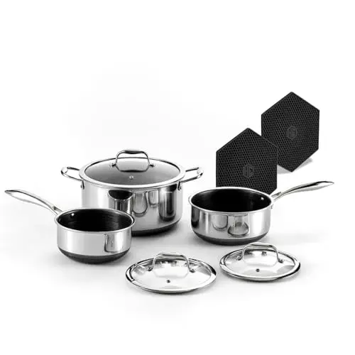 HexClad hybrid cookware pots on gas stove