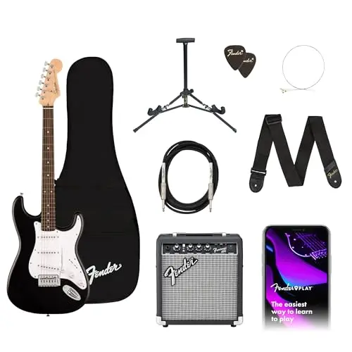 Fender Squier Debut Series Stratocaster electric guitar kit in black with amp and accessories