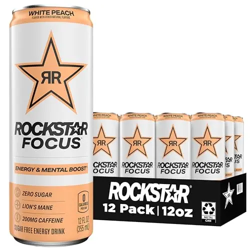 Rockstar Focus energy drink can with white peach flavor