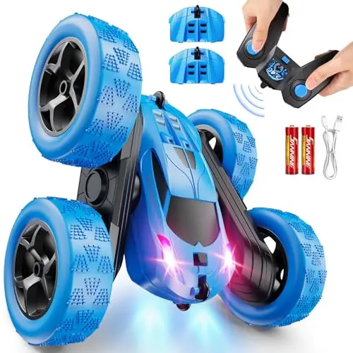 QUNREDA RC stunt car with modular batteries and LED lights