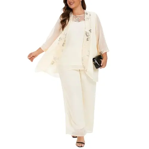 GOMAI beige plus size pant suit with sequin details