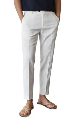GINGTTO men's slim fit tapered linen pants in white