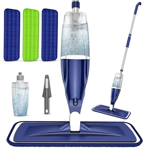 EXEGO microfiber spray mop with dark blue handle and refillable bottle