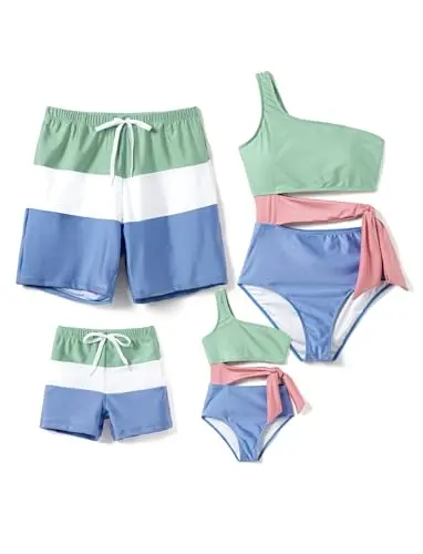 PATPAT one-shoulder color block swimsuit and matching trunks