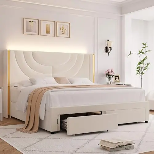 HITHOS queen upholstered bed frame with LED lights and storage drawers