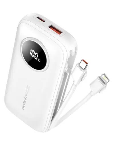 Ayeway small portable charger with built-in cable in white