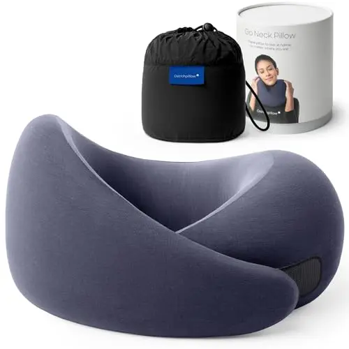 Ostrichpillow Go travel neck pillow showing velcro adjustment and travel bag