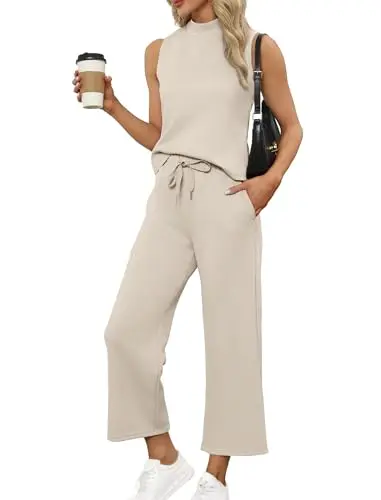 SAMPEEL women's mock neck sleeveless top and wide leg pants set