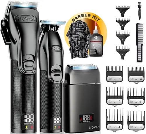 Novah professional barber clippers and trimmer set with foil shaver in matte black finish