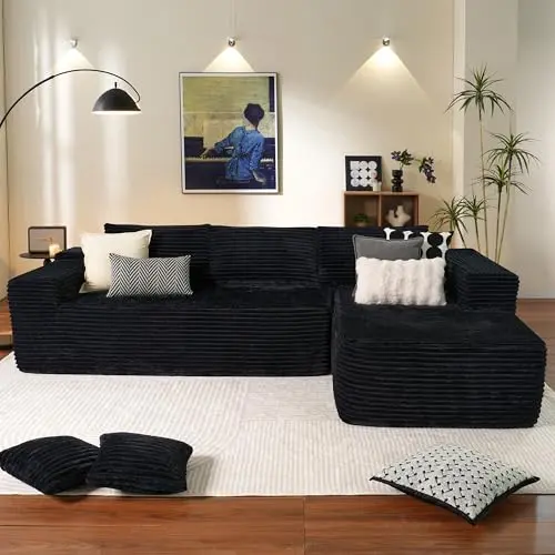 OVIOS cloud sectional couch in black corduroy fabric with deep seats