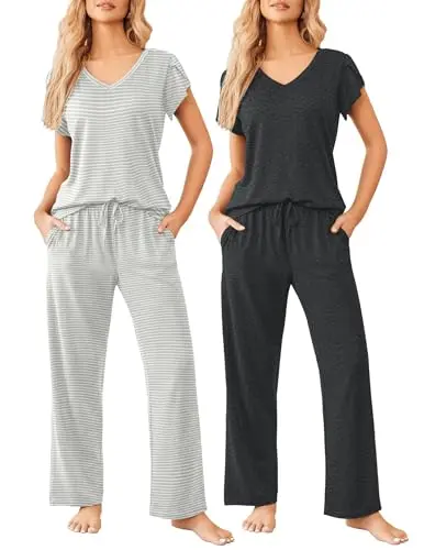 Ekouaer 2-pack women's pajama sets with printed patterns and pants