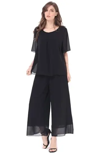 HEIPEIMA black chiffon pant suit with ruffle layers