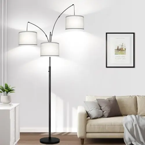 DIMMABLE arc floor lamp with three gray linen shades and heavy base