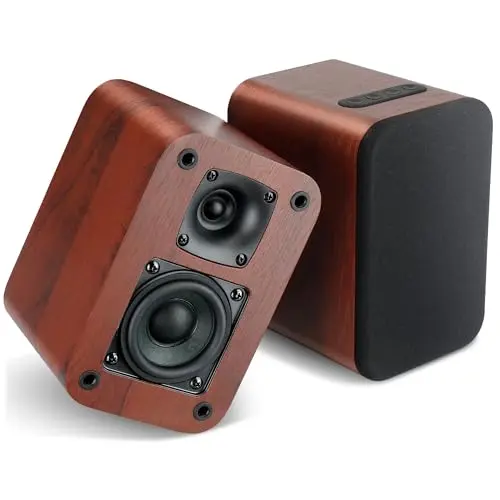 RIOWOIS powered Bluetooth bookshelf speakers in red