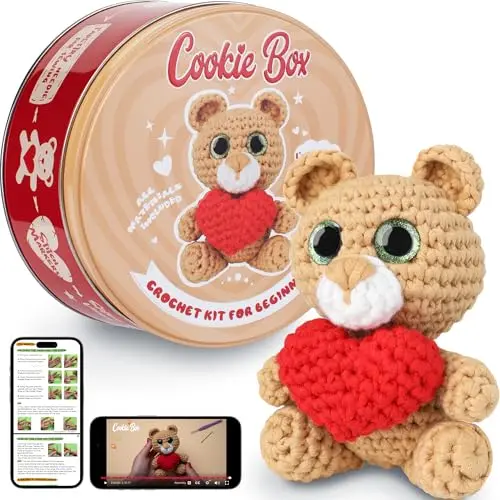 Cookie Box crochet kit with yarn, hook, and materials for making a stuffed bear