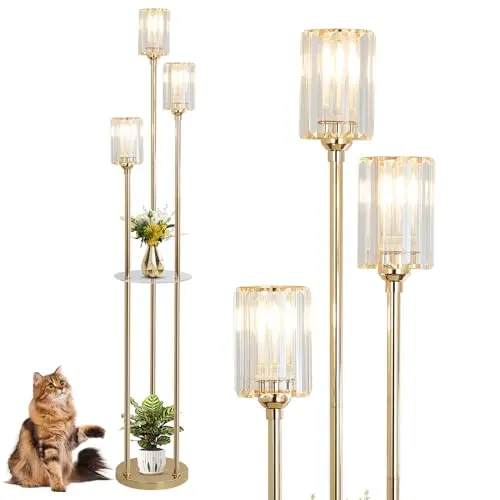 HMVPL gold floor lamp with crystal shade and two shelving tiers