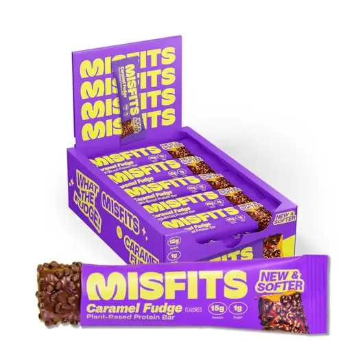 Misfits vegan protein bar with caramel fudge flavor and layered texture