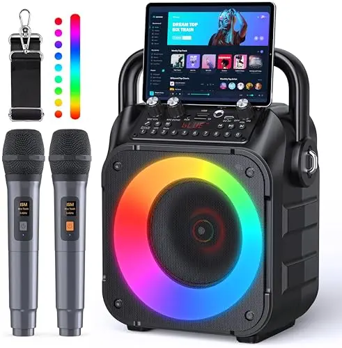 CYY karaoke machine with LED lights and shoulder strap