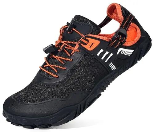 Amphibious water shoes in black and orange with wide width