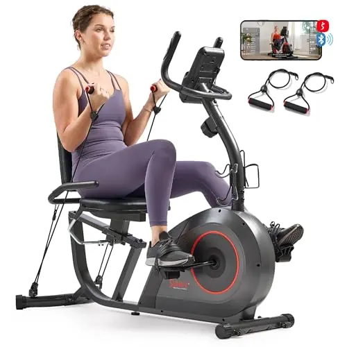 Sunny Health & Fitness smart recumbent exercise bike with digital monitor and resistance bands