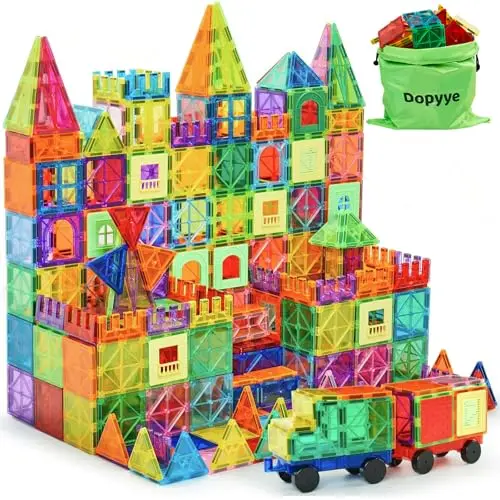 Dopyye magnetic building tiles in various colors and shapes with storage bag