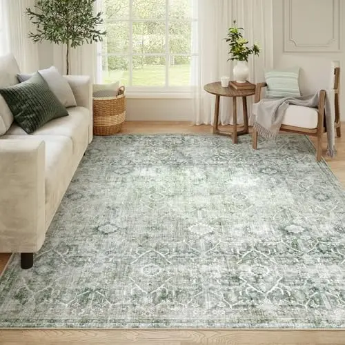 Collive green vintage tribal washable area rug