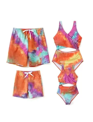 PATPAT red tie-dye cutout one-piece swimsuit and matching swim shorts