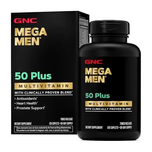GNC Mega Men 50 Plus multivitamin bottle with clinically proven labeling