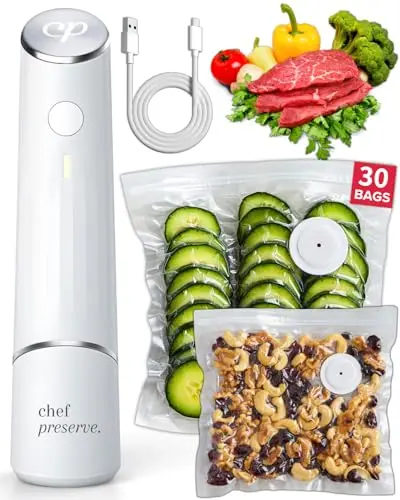Chef Preserve handheld vacuum sealer in white with reusable bags and compact size
