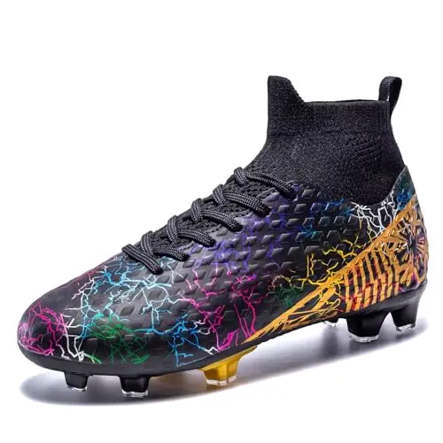 Curunect high-top soccer cleats in green, orange and black colors