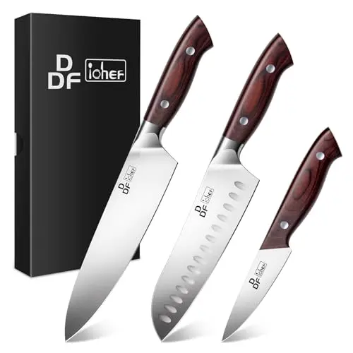 DDF iohEF 3-piece kitchen knife set with brown pakkawood handles