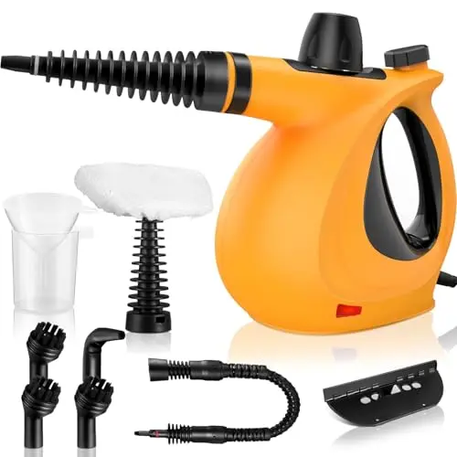 Penta Beauty orange handheld steam cleaner with accessories