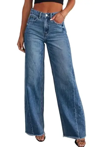 Sidefeel Women's Wide Leg Jeans with raw hem detail in blue wash