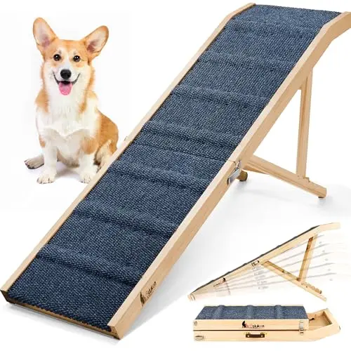 Tsukiko long wooden dog ramp with platform for high beds